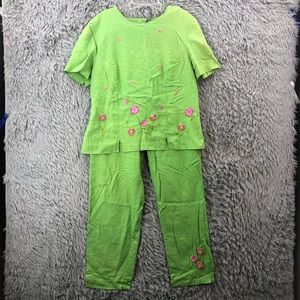 Sag Harbor Pants Set Womens 12 Linen Blend 2 Piece Top Floral Embroidered Green